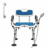 Shower chair with arms and back, blue seat and backrest pads, adjustable aluminum legs, and a handheld shower holder, shown with a separate wall-mounted grab bar.