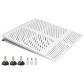 Carbon steel wheelchair threshold ramp with non-slip perforated surface, adjustable leveling feet, and extension tubes