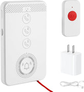Portable senior voice call system with a white main unit, three numbered call buttons, red SOS button, wall power adapter, and USB charging cable.