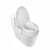 White raised toilet seat with lid, shown with the lid open, a front hygiene opening, and an adjustable side locking knob.