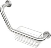 Silver angled bathroom grab bar with an integrated wire storage basket and round wall-mounting plates on a white background.