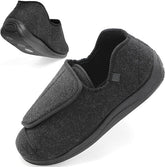 Black men's extra-wide adjustable comfort shoe with a hook-and-loop closure, shown with a second view highlighting the rubber outsole.