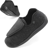 Black men's extra-wide adjustable comfort shoe with a hook-and-loop closure, shown with a second view highlighting the rubber outsole.