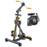 Black adjustable-resistance arm and leg exerciser with orange hand grips, foot pedals, resistance bands, and a digital exercise counter on a white background.