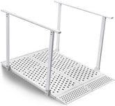 White foldable wheelchair ramp with dual handrails, a perforated steel deck, and a front transition flap on a white background.
