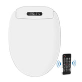White elongated electric bidet toilet seat with a digital temperature display and black wireless remote control on a white background.
