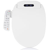 White elongated electric heated bidet toilet seat with a side control panel and digital temperature display, shown with the lid closed on a white background.