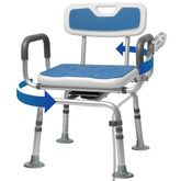 360-degree swivel shower chair with blue seat and backrest pads, padded armrests, adjustable aluminum legs, and a shower head holder, with arrows illustrating seat rotation.