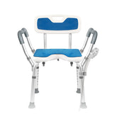 Extra-wide shower chair with blue padded seat and backrest, M-shaped armrests, U-shaped seat cutout, adjustable aluminum legs, and shower head holder.