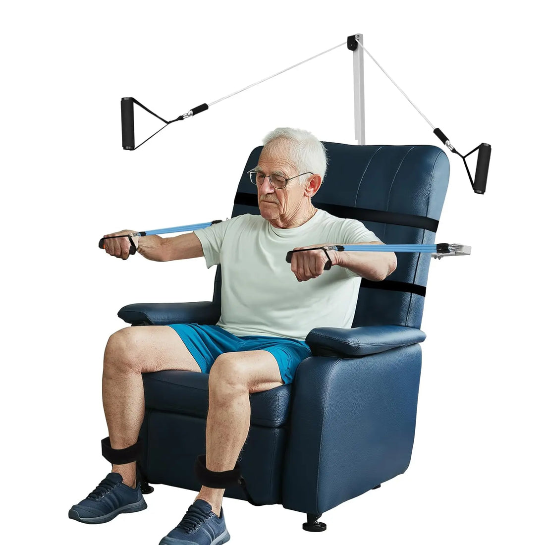 Man using a blue exercise chair with resistance bands on a white background