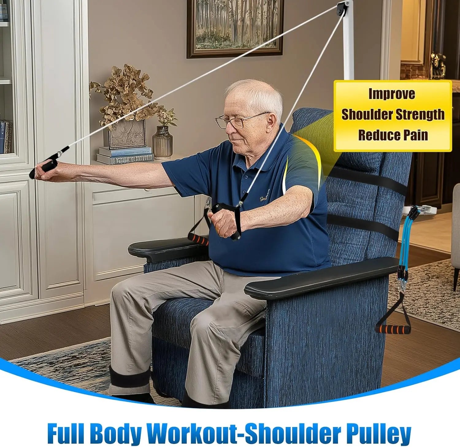 Man using a shoulder pulley system in a home setting with text promoting shoulder strength and pain reduction.