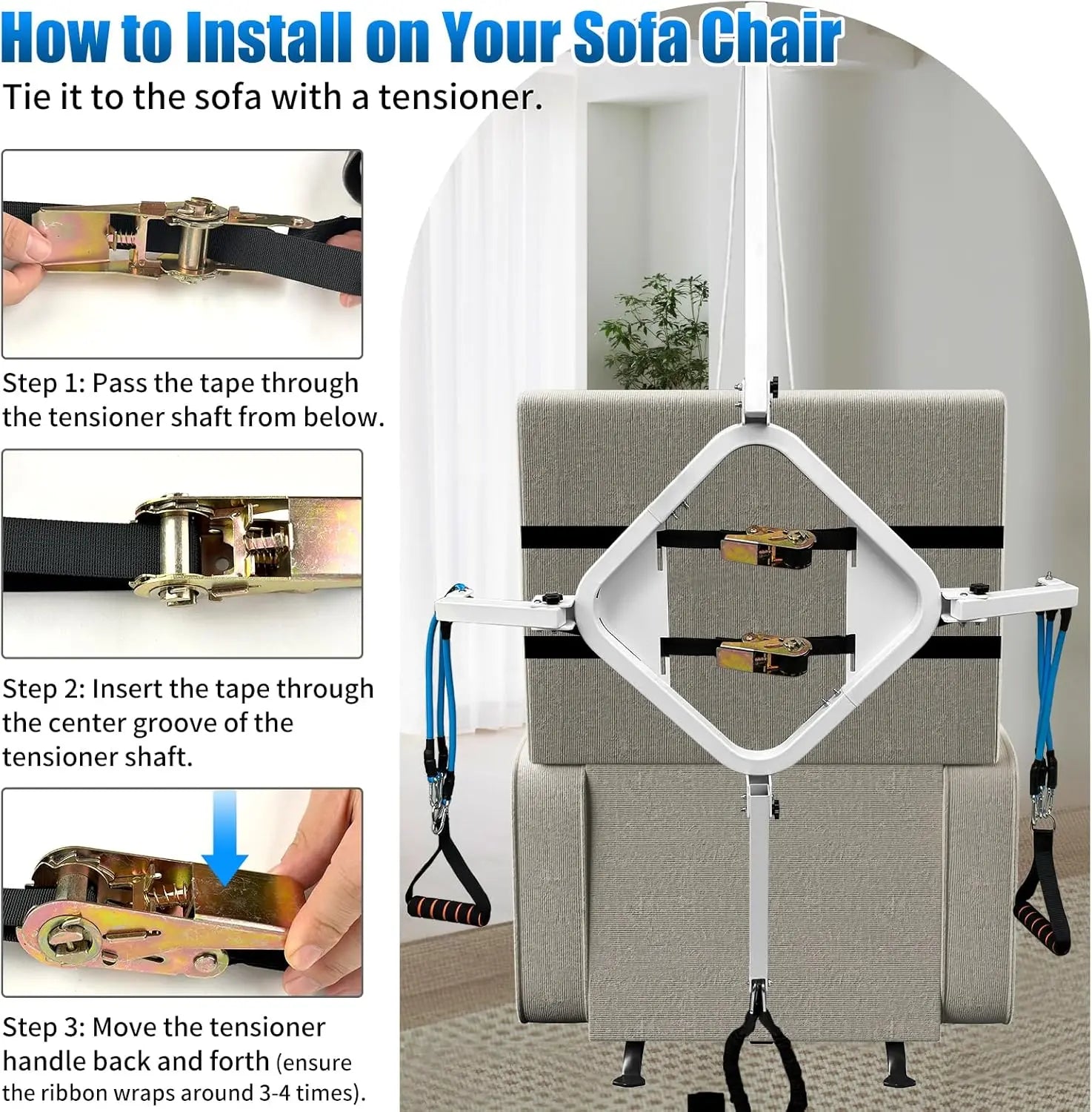 Instructions on how to install a tensioner on a sofa chair with text and images.
