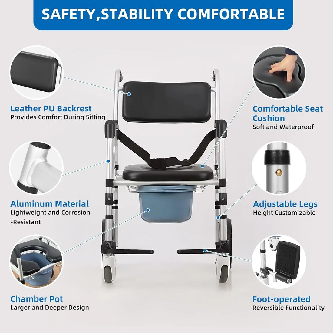 Wheelchair with features highlighted on a white background