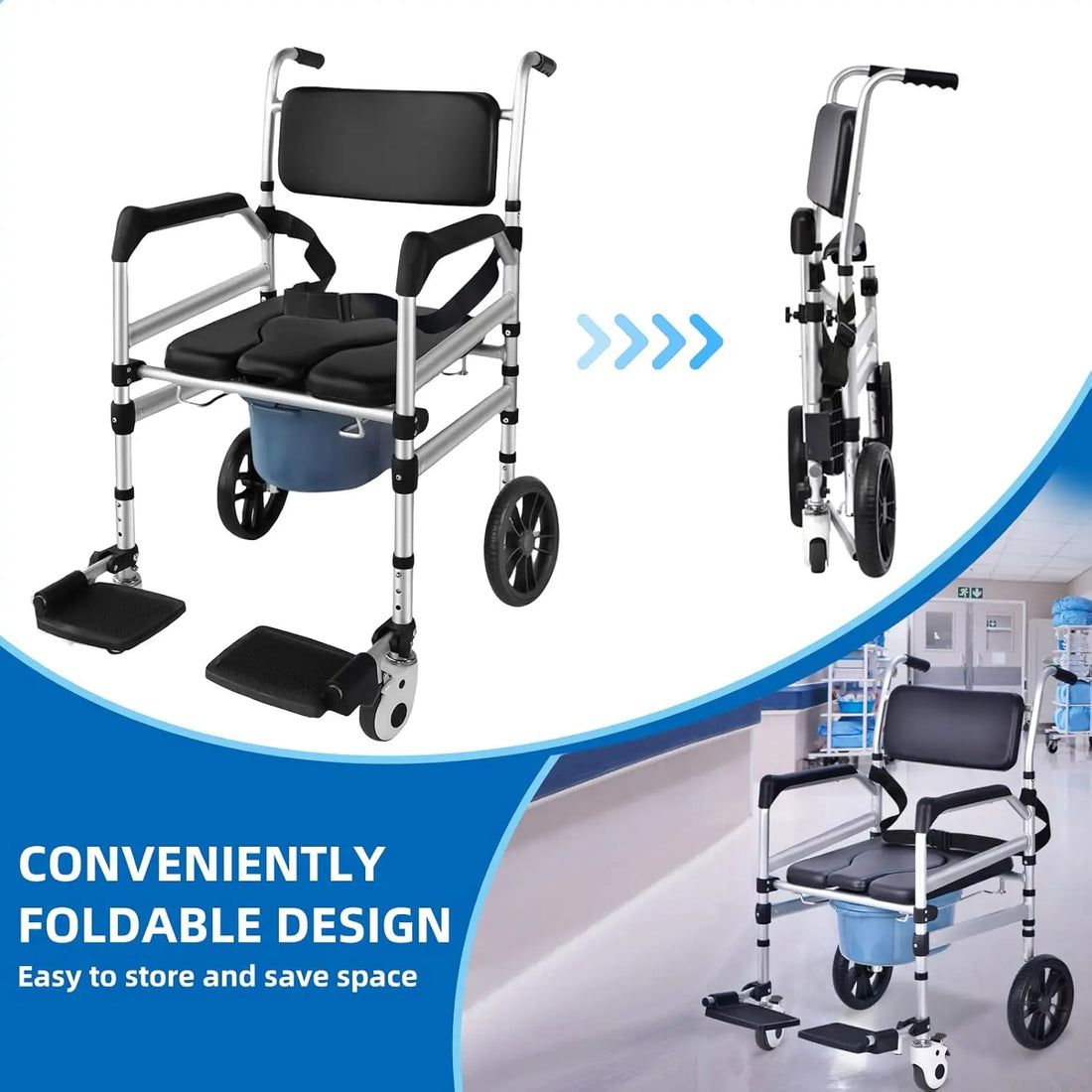 Foldable wheelchair commode with storage space, shown in two views, on a white background.