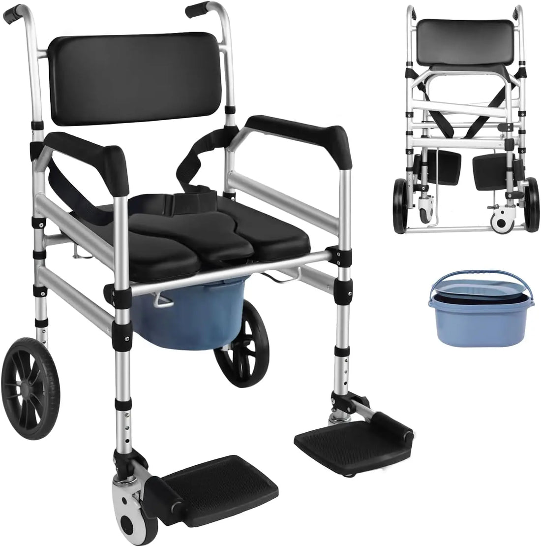 Aluminum commode wheelchair with attached bucket on a white background