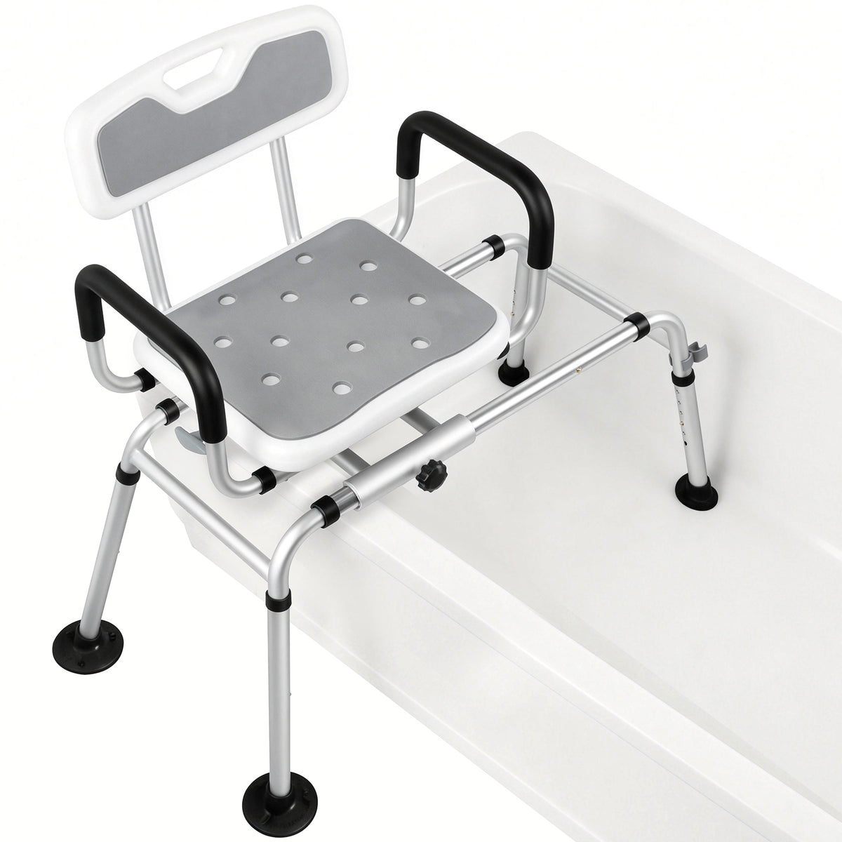 Gray adjustable swivel tub transfer bench positioned across a bathtub, with padded armrests, drainage holes, aluminum frame, and non-slip feet.