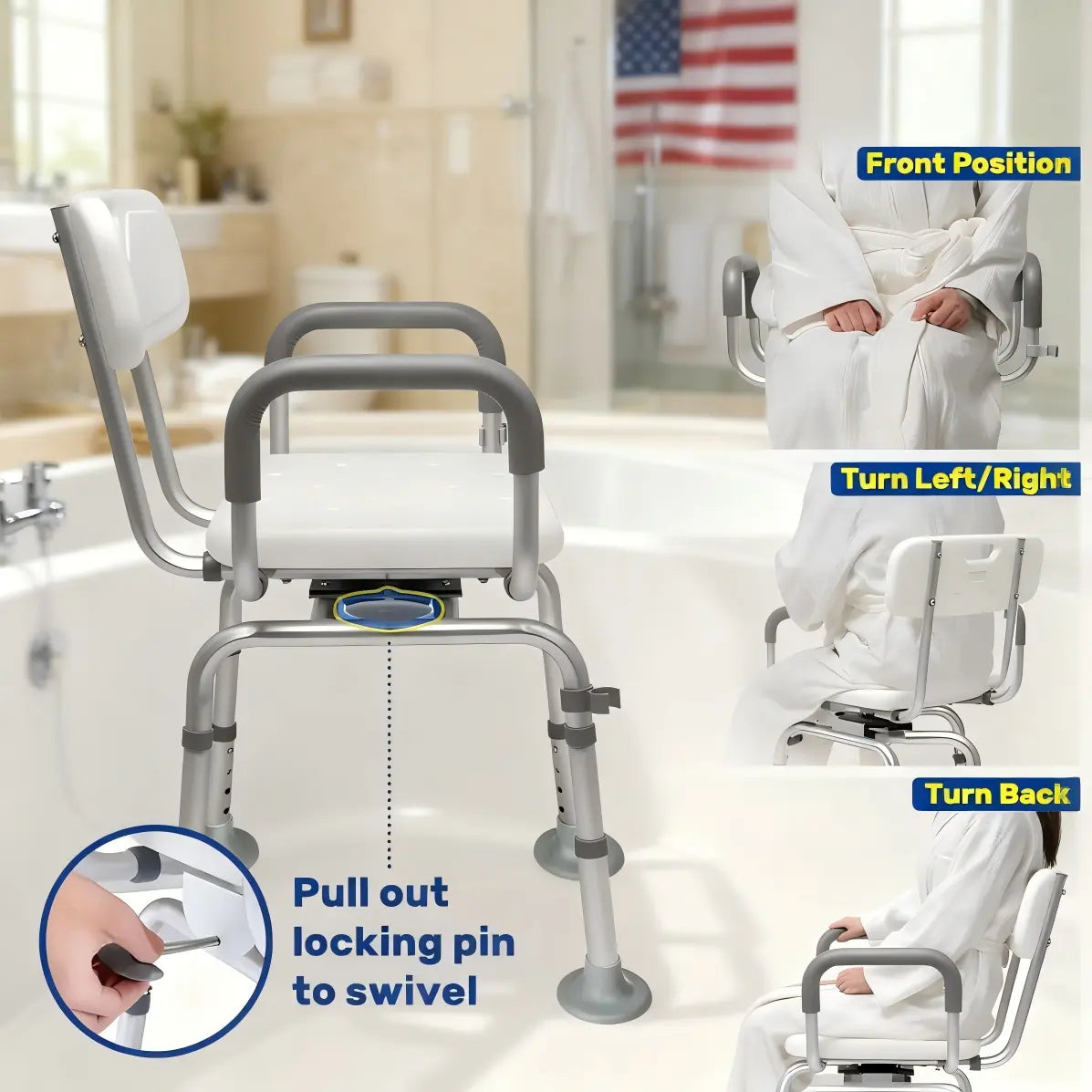 Swivel shower chair rotation guide showing the locking pin release and seated positions facing forward, sideways, and backward.