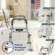 Swivel shower chair rotation guide showing the locking pin release and seated positions facing forward, sideways, and backward.