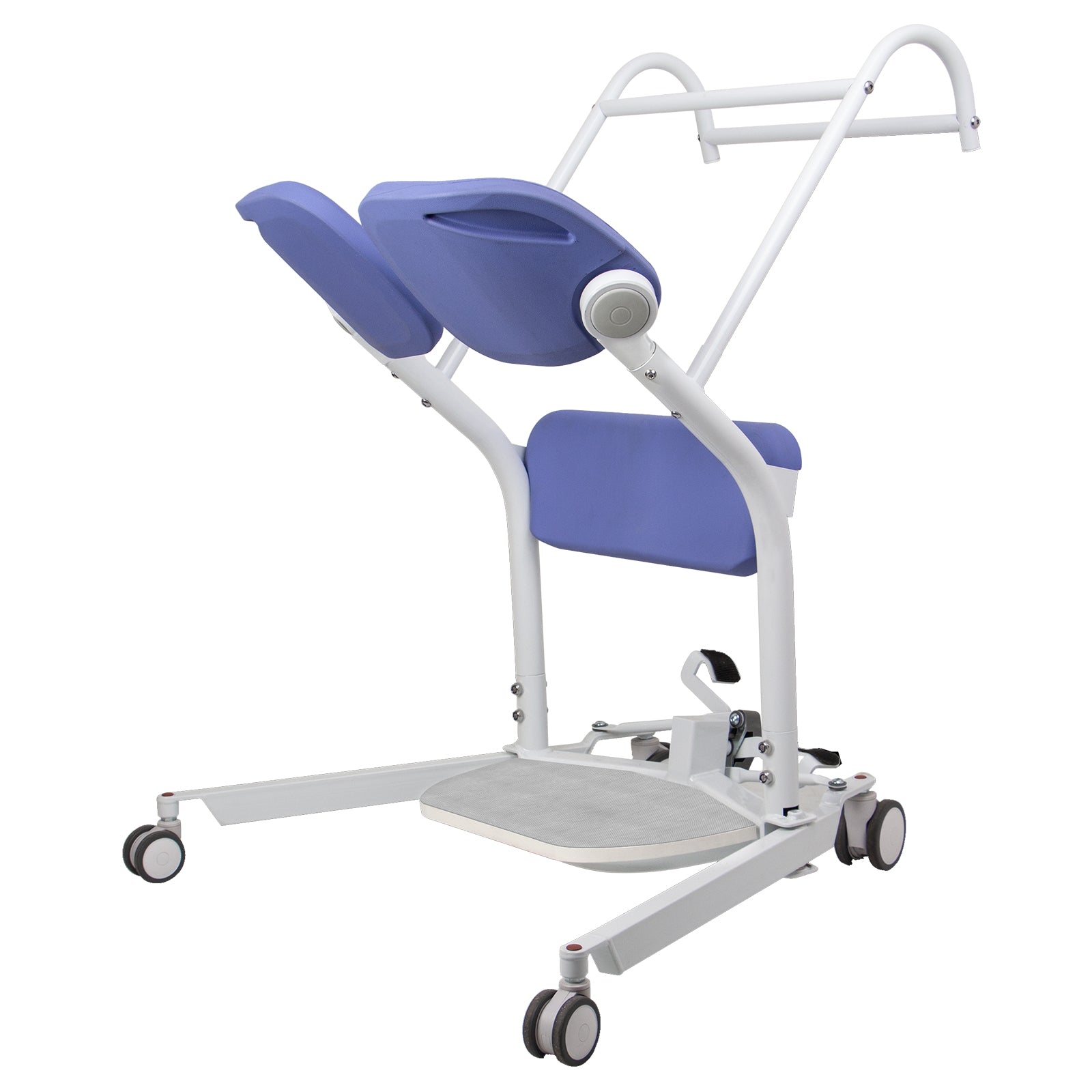 Manual sit-to-stand patient lift with adjustable base, blue pivoting seat pads, padded knee support, dual grab bars, foot platform, and four caster wheels.