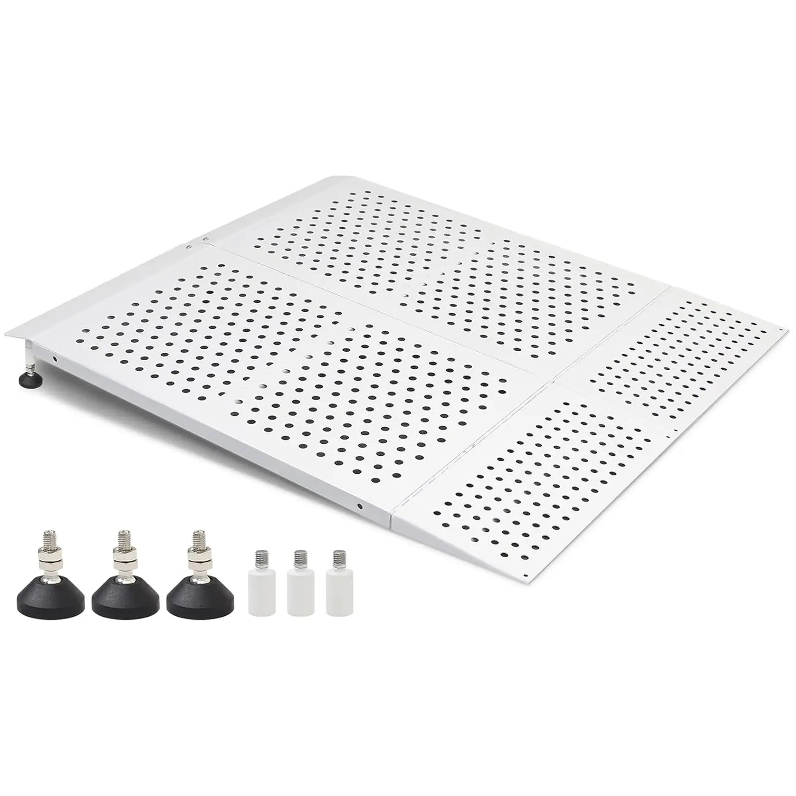 Carbon steel wheelchair threshold ramp with non-slip perforated surface, adjustable leveling feet, and extension tubes