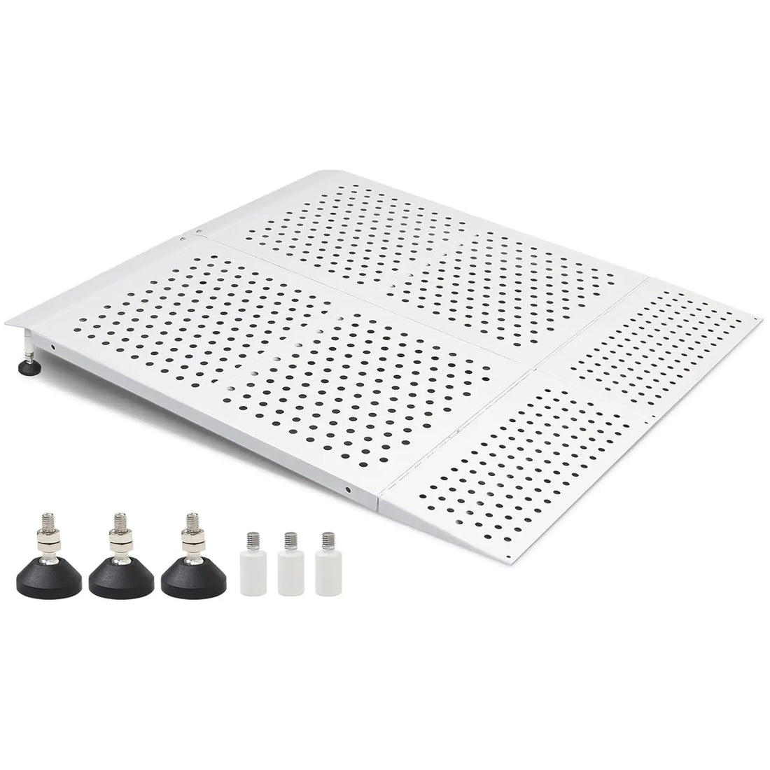 Carbon steel wheelchair threshold ramp with non-slip perforated surface, adjustable leveling feet, and extension tubes