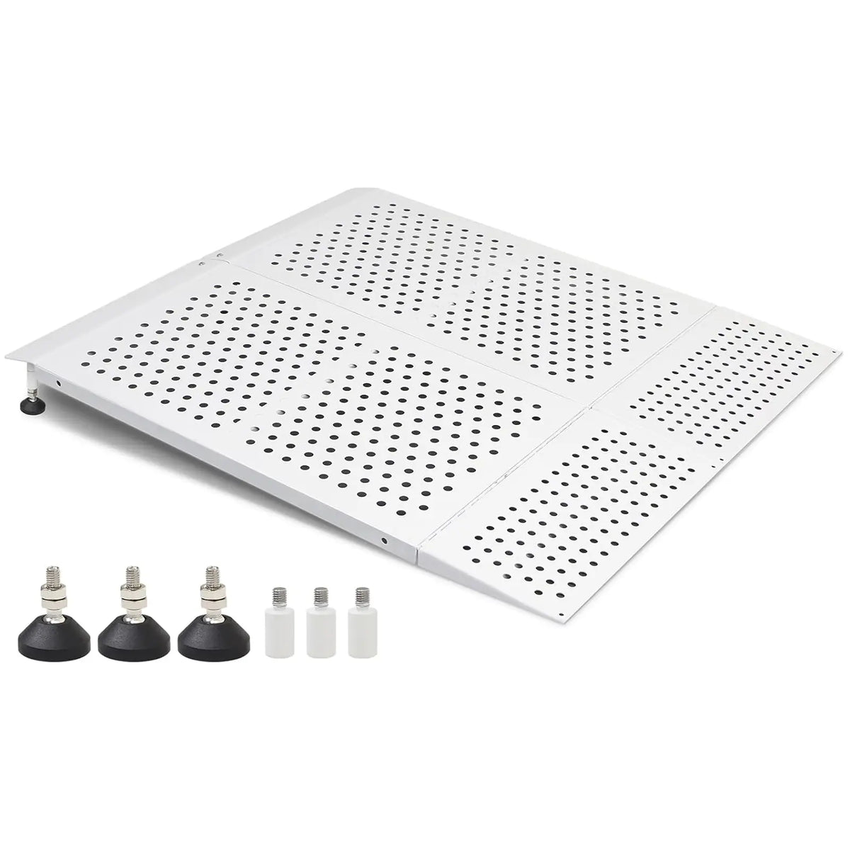 Carbon steel wheelchair threshold ramp with non-slip perforated surface, adjustable leveling feet, and extension tubes
