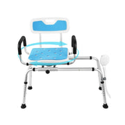 Front view of a blue swivel tub transfer bench with arrows illustrating 360-degree seat rotation, adjustable legs, and an attached shower head holder.