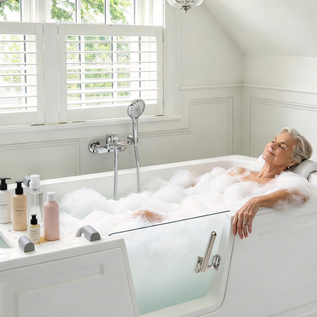 60 in. walk-in soaking bathtub with an older adult enjoying a comfortable bath