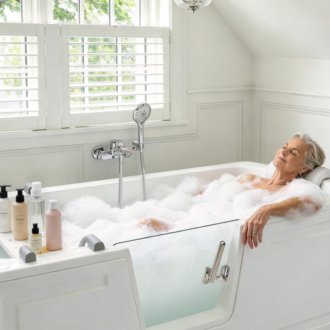 60 in. walk-in soaking bathtub with an older adult enjoying a comfortable bath
