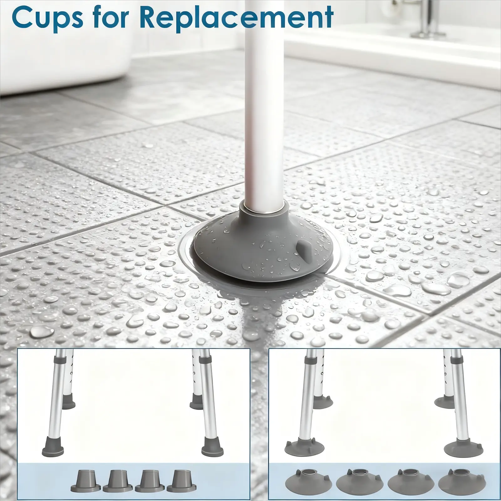 Shower chair foot replacement guide showing a suction cup on wet bathroom tile, with four standard non-slip feet and four suction cup feet displayed below.