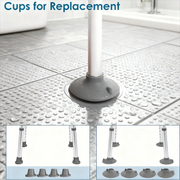 Shower chair foot replacement guide showing a suction cup on wet bathroom tile, with four standard non-slip feet and four suction cup feet displayed below.