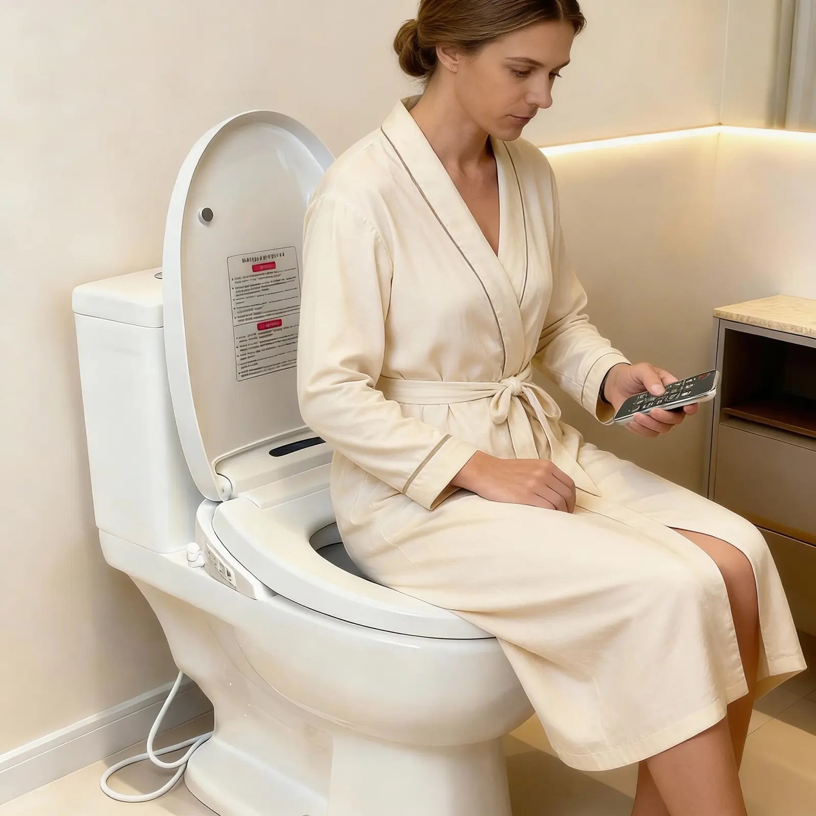 Woman seated on a toilet with a white electric bidet seat, using the wireless remote control in a modern bathroom.