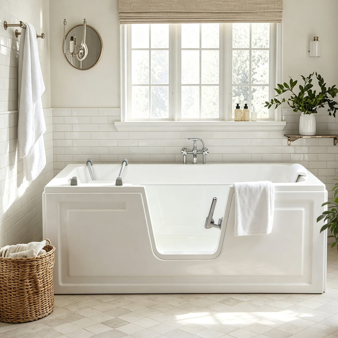 60 in. deep soaking walk-in bathtub with low-entry door in a bright traditional bathroom
