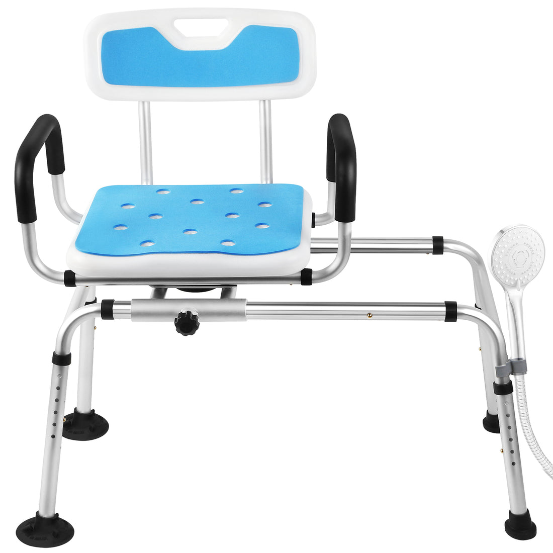 Blue adjustable swivel tub shower and transfer bench with padded armrests, aluminum frame, drainage holes, and attached shower head holder.