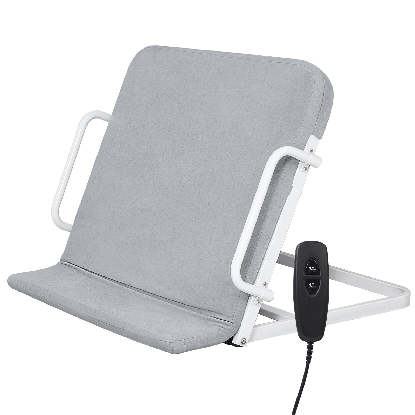 Gray electric lifting bed backrest with a padded backrest, white metal frame, side support rails, and two-button wired controller on a white background.
