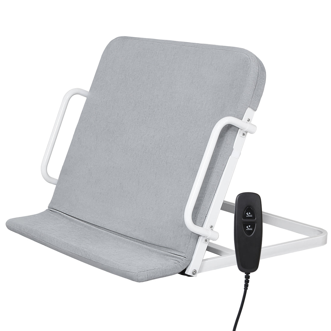 Gray electric lifting bed backrest with a padded backrest, white metal frame, side support rails, and two-button wired controller on a white background.