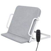 Gray electric lifting bed backrest with a padded backrest, white metal frame, side support rails, and two-button wired controller on a white background.