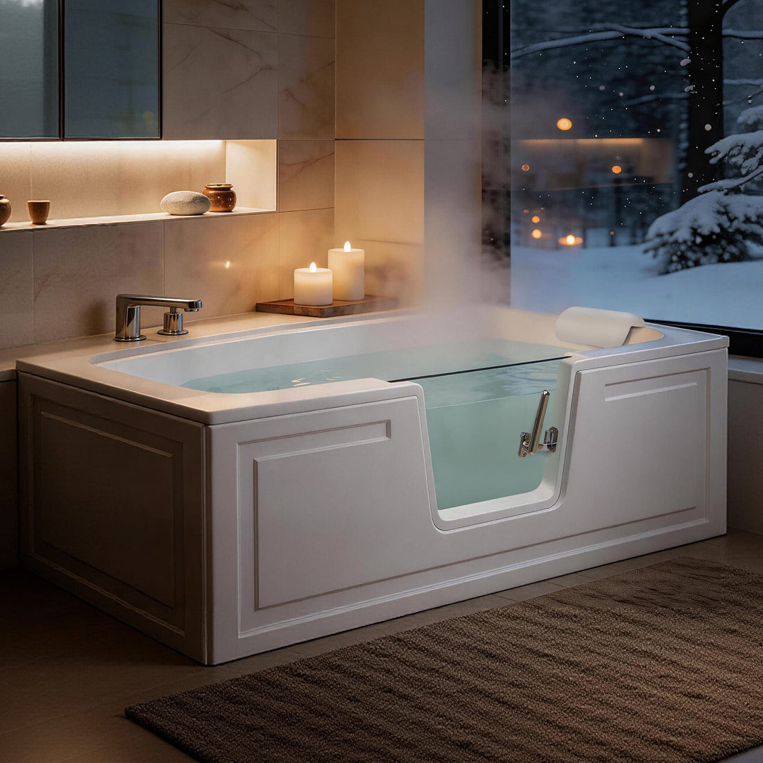 60 in. walk-in soaking bathtub filled with water in a relaxing evening bathroom setting
