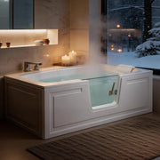 60 in. walk-in soaking bathtub filled with water in a relaxing evening bathroom setting