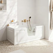 60 in. deep soaking walk-in bathtub with low-entry door in a bright modern bathroom