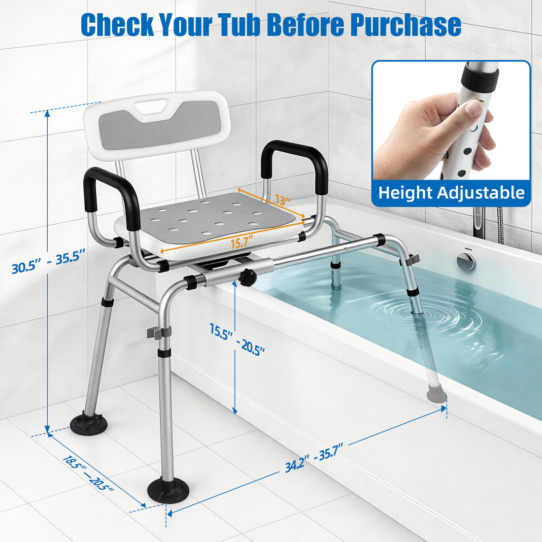 Gray tub transfer bench dimension guide showing a 15.7 x 13 inch seat, adjustable seat height from 15.5 to 20.5 inches, and overall bathtub clearance measurements.
