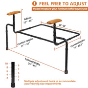 Dimension guide for adjustable sofa standing assist rails showing 12–15 inch armrest height, 35–45 inch cushion width, 19–25.5 inch cushion depth, and multiple height adjustment holes.