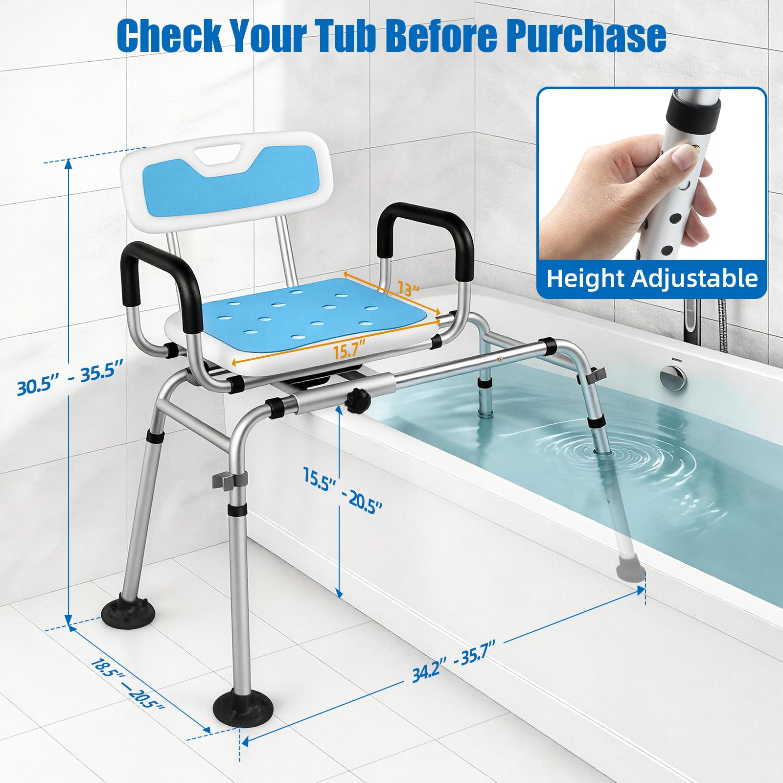 Blue tub transfer bench dimension guide showing a 15.7 x 13 inch seat, adjustable seat height from 15.5 to 20.5 inches, and overall bathtub clearance measurements.