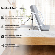 Electric lifting bed backrest shown on a bed, with feature labels highlighting wired control, 6–66 degree backrest adjustment, and easy assembly.