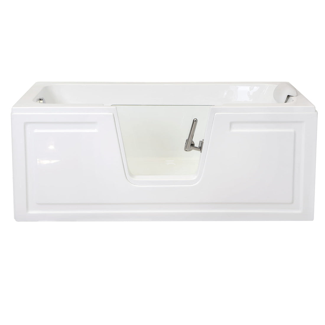 White 60 in. deep soaking walk-in bathtub with low-entry glass door and integrated seat