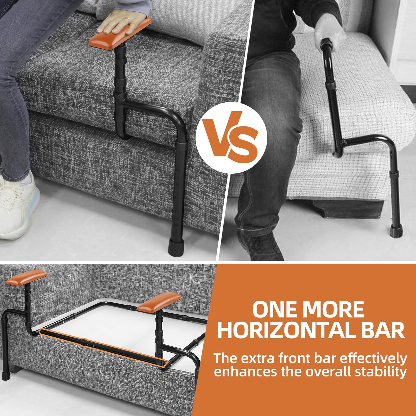 Comparison graphic showing adjustable sofa standing assist rails with an extra front crossbar beside a conventional single sofa assist handle.