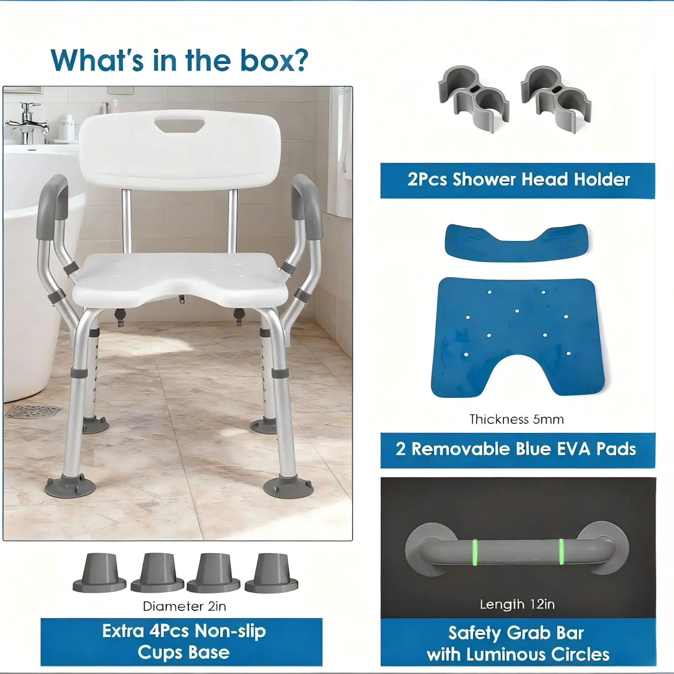 Shower chair accessory guide showing two removable blue EVA pads, two shower head holders, four extra non-slip feet, and a wall-mounted grab bar with luminous rings.