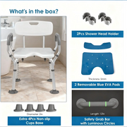 Shower chair accessory guide showing two removable blue EVA pads, two shower head holders, four extra non-slip feet, and a wall-mounted grab bar with luminous rings.