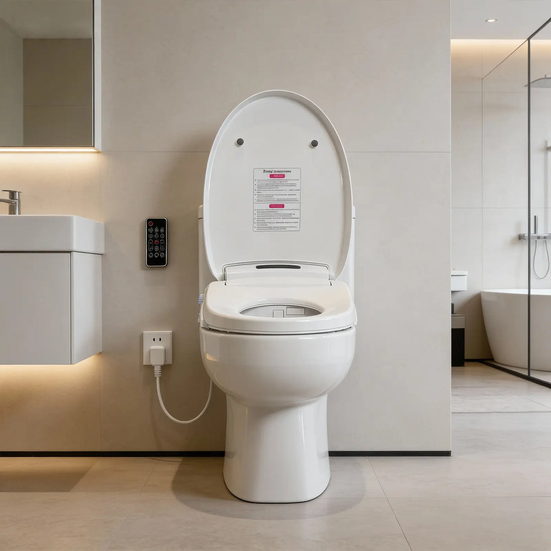 White elongated electric bidet toilet seat installed on a toilet with the lid open, a wall-mounted wireless remote, and a power connection.