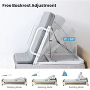 Electric bed backrest adjustment diagram showing a 6–66 degree incline range, with sleeping, relaxing, and reading positions.